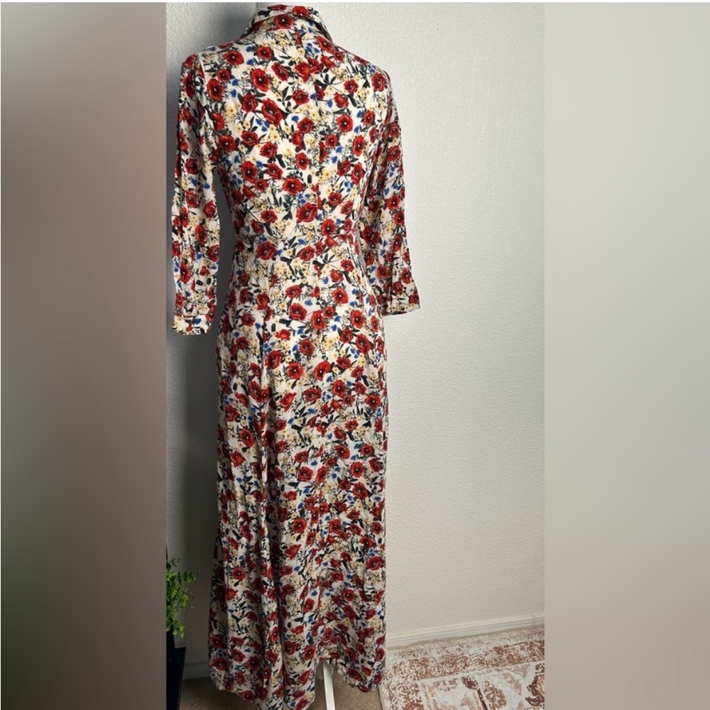 Zara White Floral Long Sleeve Wrap Dress with Red Accents - Picture 6 of 9
